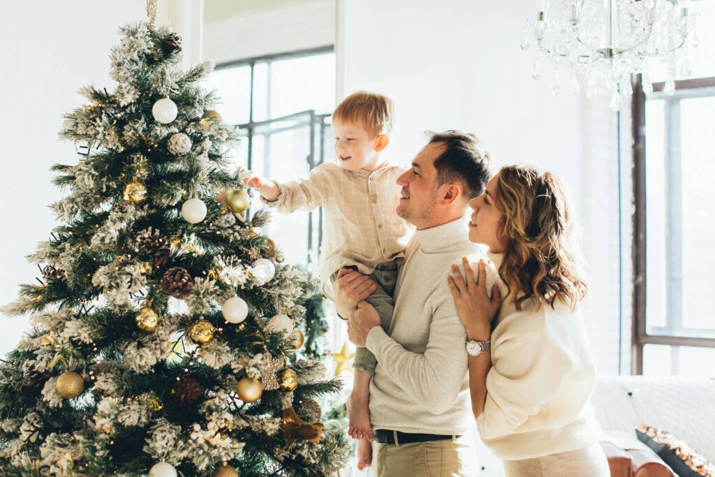 Family on christmas setting up christmas tree